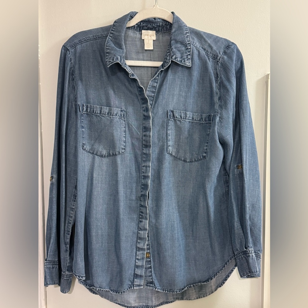 Chico's Light Blue Chambray Button-Up Top